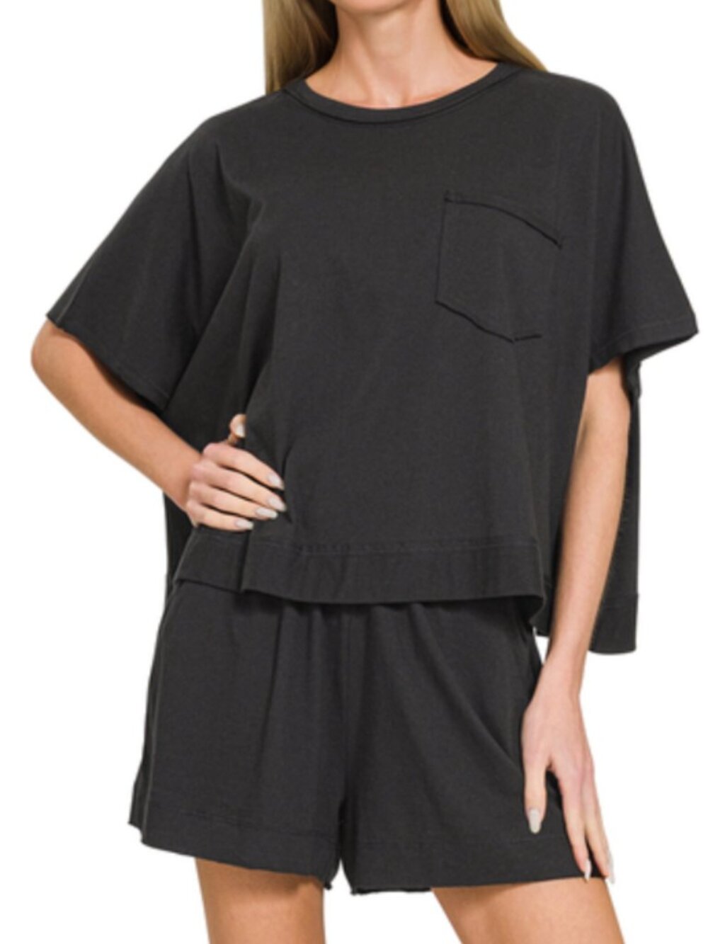 ZENANA Exposed seam boxy top & shorts set